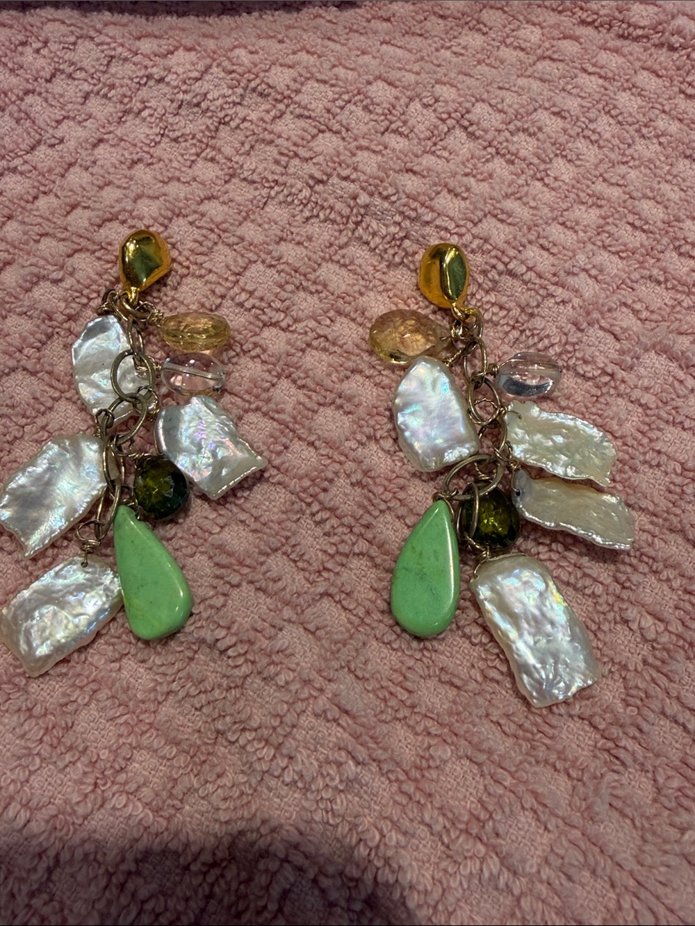 Gold-Tone Pearl Cluster Earrings with Green Teardrop Accents